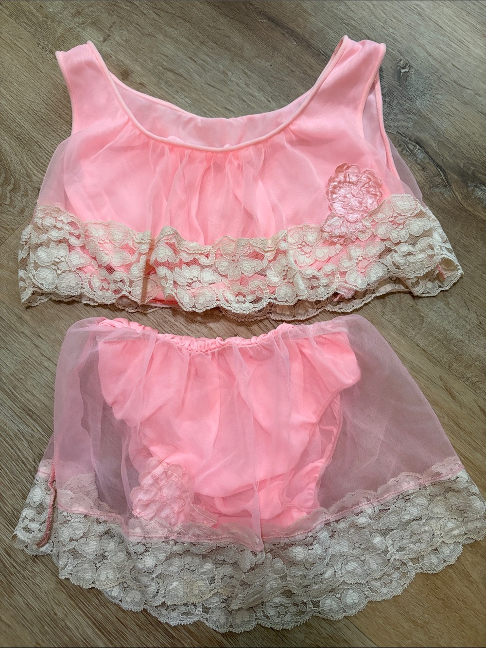 Vintage 60’s Sheer Pink Lace Bralette & Panty Set - Women's lingerie Intimates S